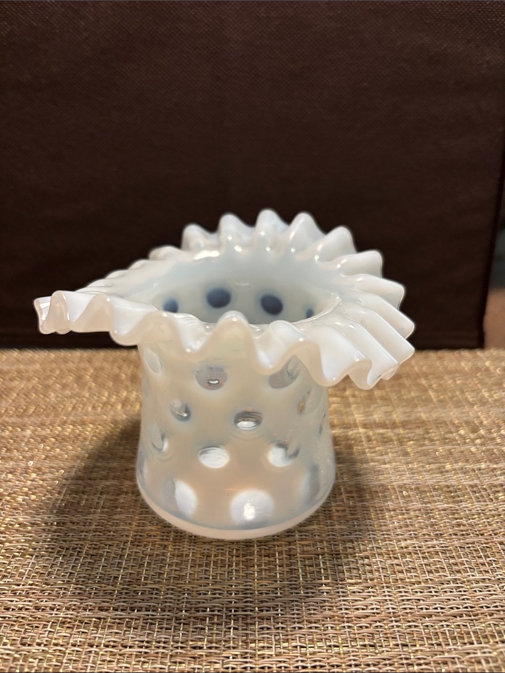Fenton opalescent coin dot white ruffle trim hat